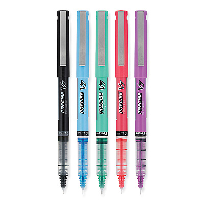 Pilot Precise V7 Rollerball Pen, Stick, Fine 0.7 mm, Assorted Ink and Barrel Colors, 5/Pack (16991)