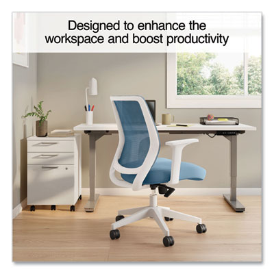 Union & Scale Essentials Mesh Back Fabric Task Chair with Arms, Supports Up to 275 lb, Seafoam Fabric Seat/Mesh Back, White Base (UOS60409)