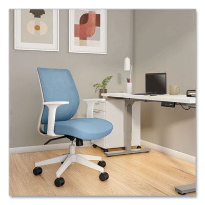 Union & Scale Essentials Mesh Back Fabric Task Chair with Arms, Supports Up to 275 lb, Seafoam Fabric Seat/Mesh Back, White Base (UOS60409)