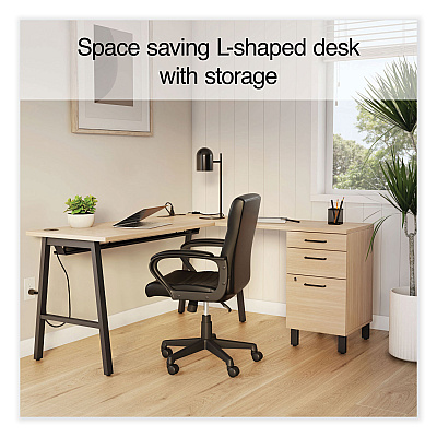 Union & Scale Essentials Single-Pedestal L-Shaped Desk with Integrated Power Management, 59.8" x 59.8 x 29.7", Natural Wood/Black (UOS60420CC)