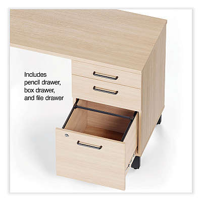 Union & Scale Essentials Single-Pedestal L-Shaped Desk with Integrated Power Management, 59.8" x 59.8 x 29.7", Natural Wood/Black (UOS60420CC)