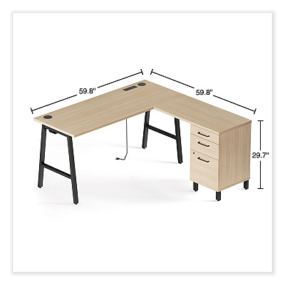 Union & Scale Essentials Single-Pedestal L-Shaped Desk with Integrated Power Management, 59.8" x 59.8 x 29.7", Natural Wood/Black (UOS60420CC)