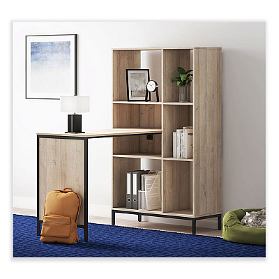 Whalen Turing Home Office Workstation with Integrated Bookcase and Power Center, 48.3" x 31.75" x 55.25", Desert Ash/Black (WHLTU48CD)