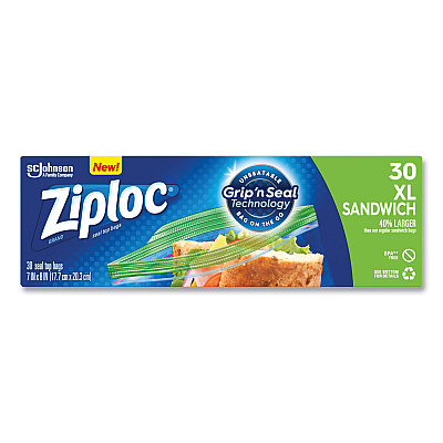 Ziploc Sandwich Seal Top Bags, XL Sandwich, 8" x 7", Clear, 30/Box (SJN315880)