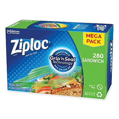 Ziploc Sandwich Seal Top Bags, 6.5" x 5.88", Clear, 280/Box (SJN315886)