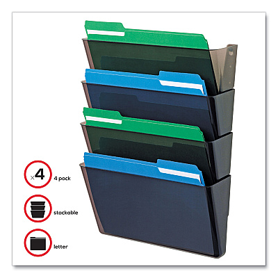 deflecto DocuPocket Stackable Four-Pocket Wall File, 4 Sections, Letter Size, 13" x 4", Smoke (DEF73402)