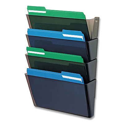 deflecto DocuPocket Stackable Four-Pocket Wall File, 4 Sections, Letter Size, 13" x 4", Smoke (DEF73402)