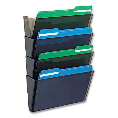 deflecto DocuPocket Stackable Four-Pocket Wall File, 4 Sections, Letter Size, 13" x 4", Smoke (DEF73402)