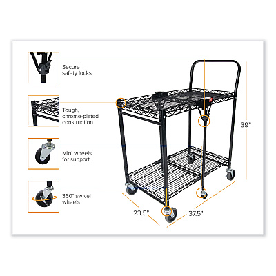 Bostitch Stowaway Folding Carts, Metal, 2 Shelves, 250 lb Capacity, 35" x 37.25" x 22", Black (BOSBSACLGBLK)