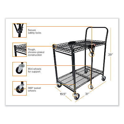 Bostitch Stowaway Folding Carts, Metal, 2 Shelves, 250 lb Capacity, 29.63" x 37.25" x 18", Black (BOSBSACSMBLK)