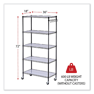 Alera 5-Shelf Wire Shelving Kit with Casters and Shelf Liners, 36w x 18d x 72h, Black Anthracite (ALESW653618BA)