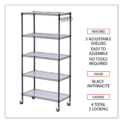 Alera 5-Shelf Wire Shelving Kit with Casters and Shelf Liners, 36w x 18d x 72h, Black Anthracite (ALESW653618BA)