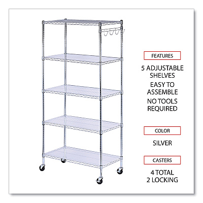 Alera 5-Shelf Wire Shelving Kit with Casters and Shelf Liners, 36w x 18d x 72h, Silver (ALESW653618SR)