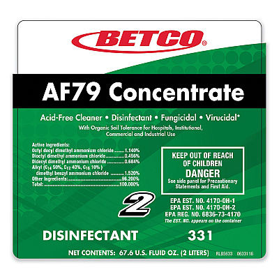 Betco AF79 Acid-Free Bathroom Cleaner Concentrate, Ocean Breeze Scent, 2 L Bottle, 4/Carton (BET3314700)