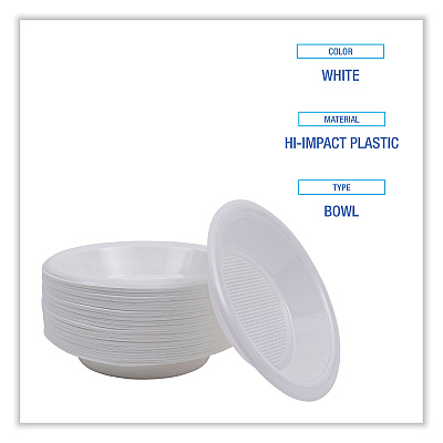 Boardwalk Hi-Impact Plastic Dinnerware, Bowl, 10 to 12 oz, White, 1,000/Carton (BWKBOWLHIPS12WH)