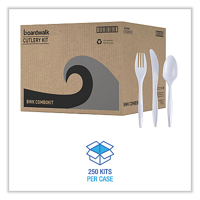 Boardwalk Three-Piece Cutlery Kit, Fork/Knife/Teaspoon, Polypropylene, White, 250/Carton (BWKCOMBOKIT)