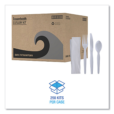 Boardwalk Four-Piece Cutlery Kit, Fork/Knife/Napkin/Teaspoon, Heavyweight, White, 250/Carton (BWKFKTNHWPSWH)