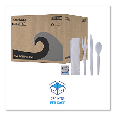 Boardwalk Six-Piece Cutlery Kit, Condiment/Fork/Knife/Napkin/Spoon, Heavyweight, White, 250/Carton (BWKFKTNSHWPSWH)