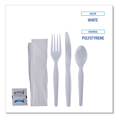 Boardwalk Six-Piece Cutlery Kit, Condiment/Fork/Knife/Napkin/Spoon, Heavyweight, White, 250/Carton (BWKFKTNSHWPSWH)
