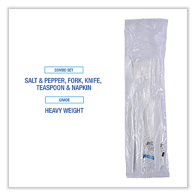 Boardwalk Six-Piece Cutlery Kit, Condiment/Fork/Knife/Napkin/Spoon, Heavyweight, White, 250/Carton (BWKFKTNSHWPSWH)