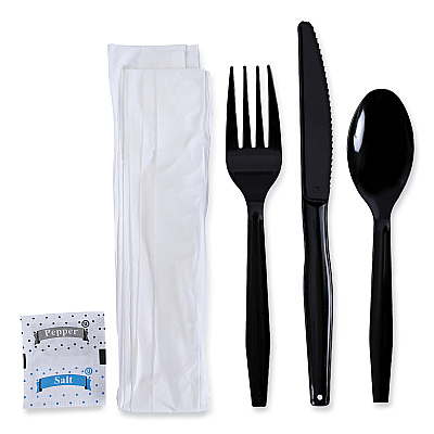 Boardwalk Six-Piece Cutlery Kit, Condiment/Fork/Knife/Napkin/Teaspoon, Black, 250/Carton (BWKFKTNSMWPSBLA)