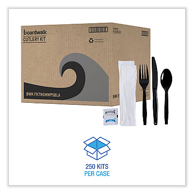 Boardwalk Six-Piece Cutlery Kit, Condiment/Fork/Knife/Napkin/Teaspoon, Black, 250/Carton (BWKFKTNSMWPSBLA)