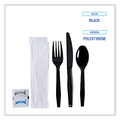 Boardwalk Six-Piece Cutlery Kit, Condiment/Fork/Knife/Napkin/Teaspoon, Black, 250/Carton (BWKFKTNSMWPSBLA)