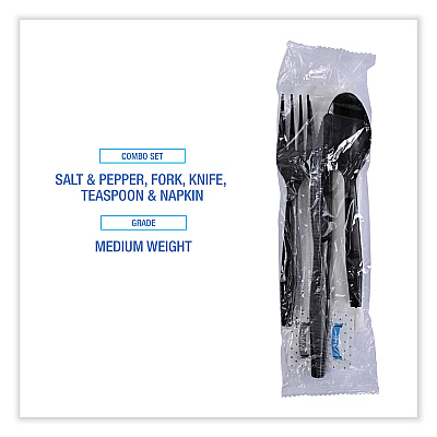 Boardwalk Six-Piece Cutlery Kit, Condiment/Fork/Knife/Napkin/Teaspoon, Black, 250/Carton (BWKFKTNSMWPSBLA)
