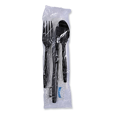 Boardwalk Six-Piece Cutlery Kit, Condiment/Fork/Knife/Napkin/Teaspoon, Black, 250/Carton (BWKFKTNSMWPSBLA)