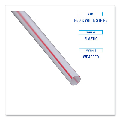 Boardwalk Wrapped Jumbo Straws, 7.75", Plastic, White/Red Stripe, 400/Pack, 25 Packs/Carton (BWKJSTW775S24)