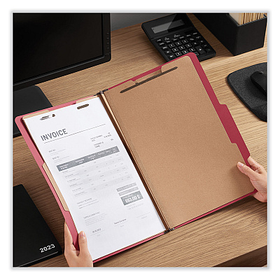 Universal Bright Colored Pressboard Classification Folders, 2" Expansion, 2 Dividers, 6 Fasteners, Legal Size, Ruby Red, 10/Box (UNV10313)