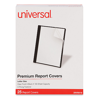 Universal Clear Front Report Cover with Fasteners, Three-Prong Fastener, 0.5" Capacity, 8.5 x 11, Clear/Black, 25/Box (UNV56116)