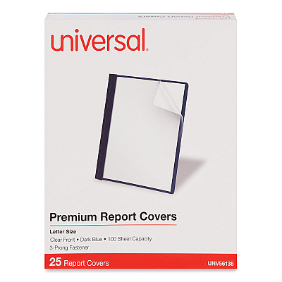 Universal Clear Front Report Covers with Fasteners, Three-Prong Fastener, 0.5" Capacity,  8.5 x 11, Clear/Dark Blue, 25/Box (UNV56138)