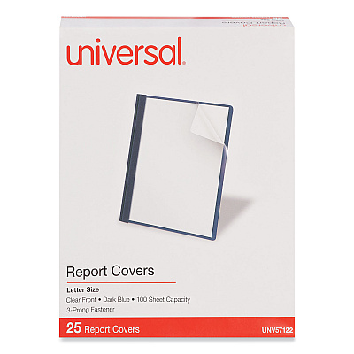 Universal Clear Front Report Cover, Prong Fastener, 0.5" Capacity, 8.5 x 11, Clear/Dark Blue, 25/Box (UNV57122)