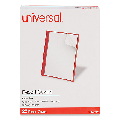 Universal Clear Front Report Cover, Prong Fastener, 0.5" Capacity, 8.5 x 11, Clear/Red, 25/Box (UNV57123)