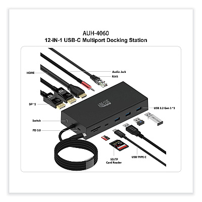 Adesso 12-in-1 USB-C Multi-Port TAA Compliant Docking Station, Black (AUH4060)