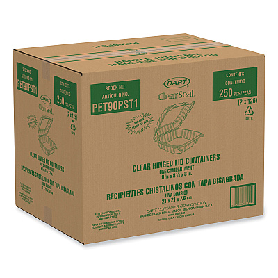 Dart ClearSeal Hinged-Lid Plastic Containers, 8.22w x 3.02h, Clear, Plastic, 250/Carton (DCCPET90PST1)