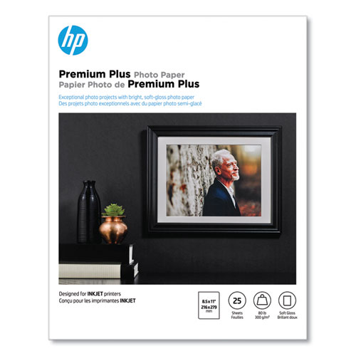 HP Premium Plus Photo Paper, 11.5 mil, 8.5 x 11, Soft-Gloss White, 25/Pack (CR671A)