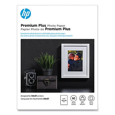 HP Premium Plus Photo Paper, 11.5 mil, 5 x 7, Glossy White, 60/Pack (HEWCR669A)