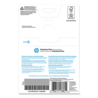 HP Premium Plus Photo Paper, 11.5 mil, 4 x 6, Soft-Gloss White, 100/Pack (HEWCR666A)