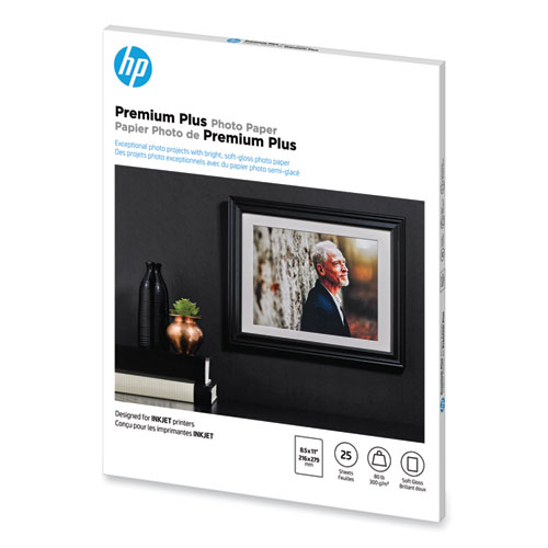 HP Premium Plus Photo Paper, 11.5 mil, 8.5 x 11, Soft-Gloss White, 25/Pack (CR671A)