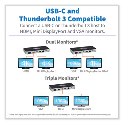 Tripp Lite U442-DOCK16-B USB-C Dock for Triple Display, HDMI/Mini DisplayPort/RJ45/USB-A 3.0/USB-C/VGA, GY, Ships in 7-10 Bus Days