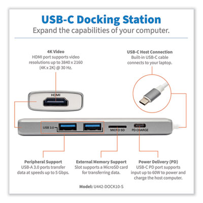 Tripp Lite U442-DOCK10-S USB-C Dock, HDMI/microSD/USB-A 3.0/USB-C, Silver, Ships in 7-10 Business Days