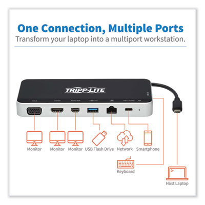 Tripp Lite U442-DOCK16-B USB-C Dock for Triple Display, HDMI/Mini DisplayPort/RJ45/USB-A 3.0/USB-C/VGA, GY, Ships in 7-10 Bus Days