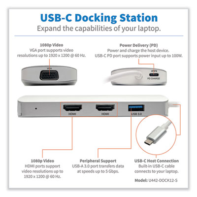 Tripp Lite U442-DOCK12-S USB-C Dock for Triple Display, HDMI/USB-A 3.0/USB-C/VGA, Silver, Ships in 7-10 Business Days