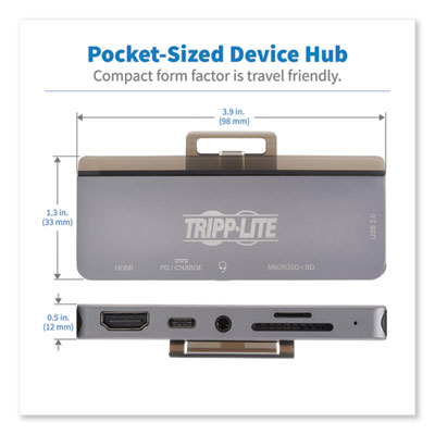 Tripp Lite U442-DOCK15-S USB-C Dock with Removable Clip, 3.5 mm/HDMI/microSD/SD/USB-A/USB-C, Gray, Ships in 7-10 Business Days