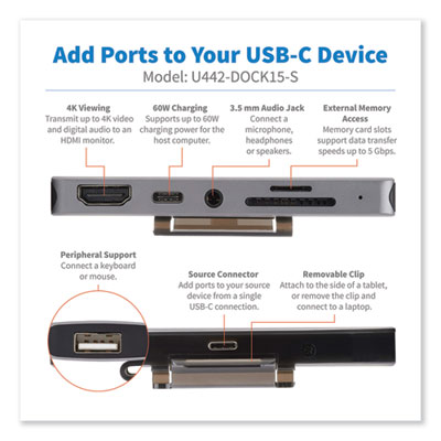 Tripp Lite U442-DOCK15-S USB-C Dock with Removable Clip, 3.5 mm/HDMI/microSD/SD/USB-A/USB-C, Gray, Ships in 7-10 Business Days