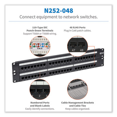 Tripp Lite 48-Port CAT6 Patch Panel Rackmount, Black, Ships in 7-10 Business Days (N252048)