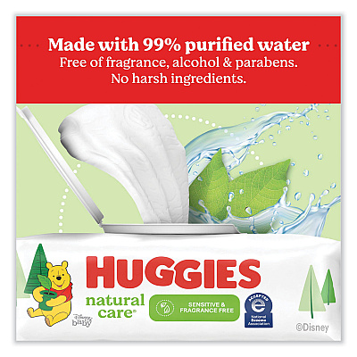 Huggies Natural Care Sensitive Baby Wipes, 1-Ply, 3.88 x 6.6, Unscented, White, 184/Pack, 3 Packs/Carton (KCC31816)