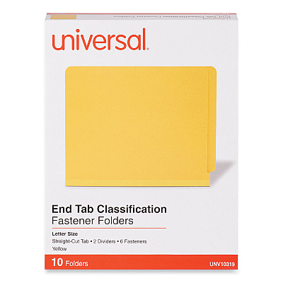 Universal Deluxe Six-Section Pressboard End Tab Classification Folders, 2 Dividers, 6 Fasteners, Letter Size, Yellow, 10/Box (UNV10319)